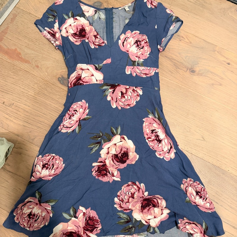Charlotte Russe Blue Pink Peony Floral V-Neck Fit & Flare Mini Dress XS